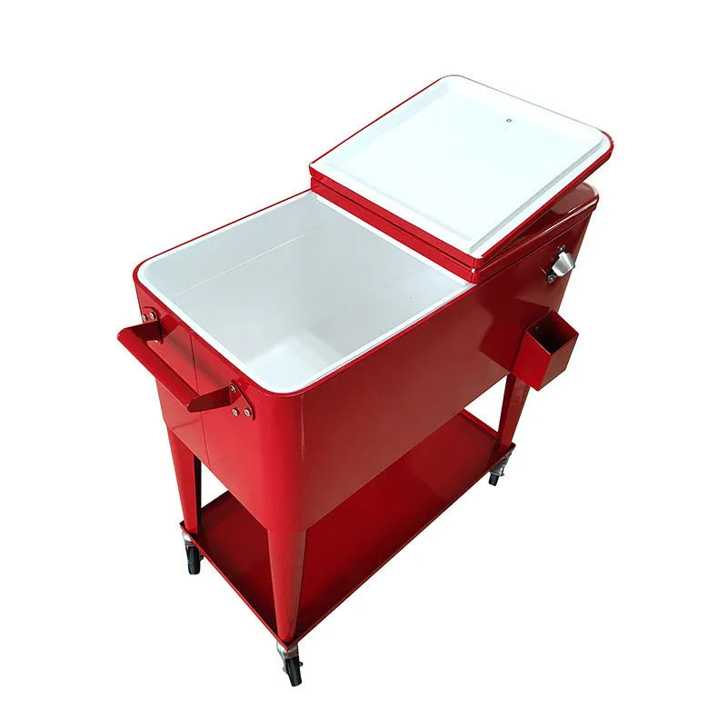 Red metal insulated food trolley with 750ml capacity for outdoor catering and picnics