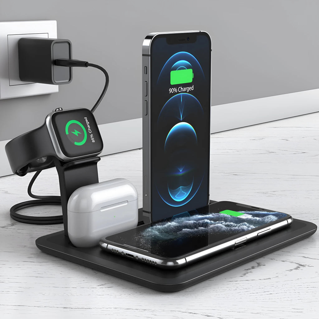 Black or white desktop wireless charging station bracket for phones, headphones and watches
