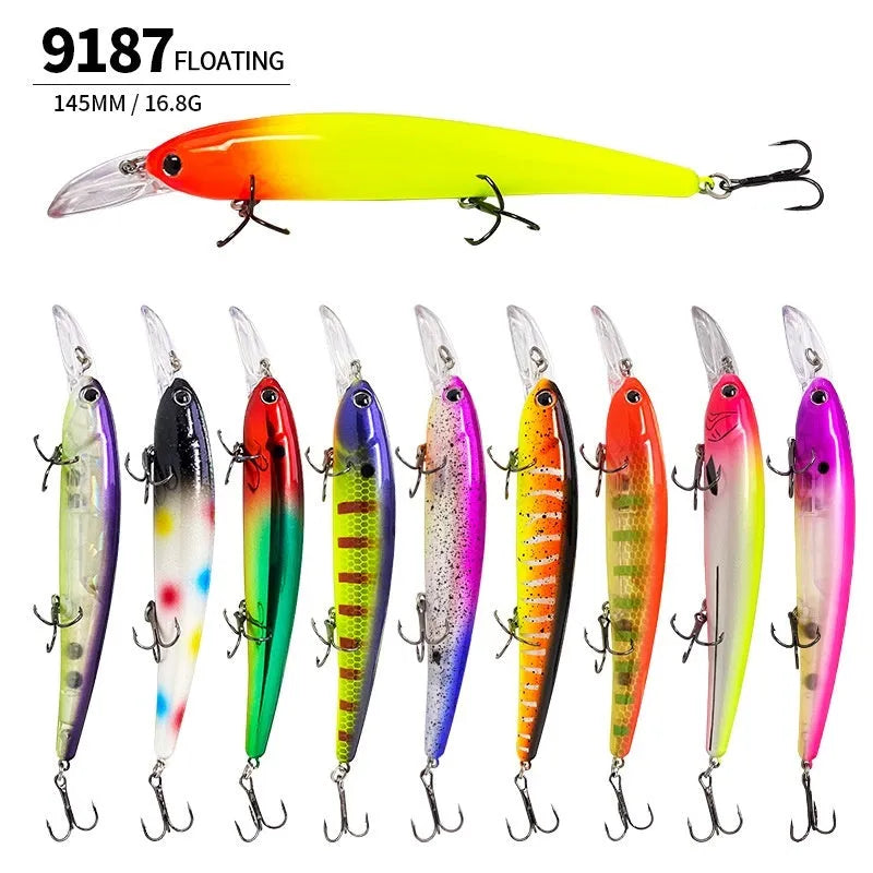 145mm deep diving long tongue plate floating minnow lure in colour options A through J for light sea water fishing