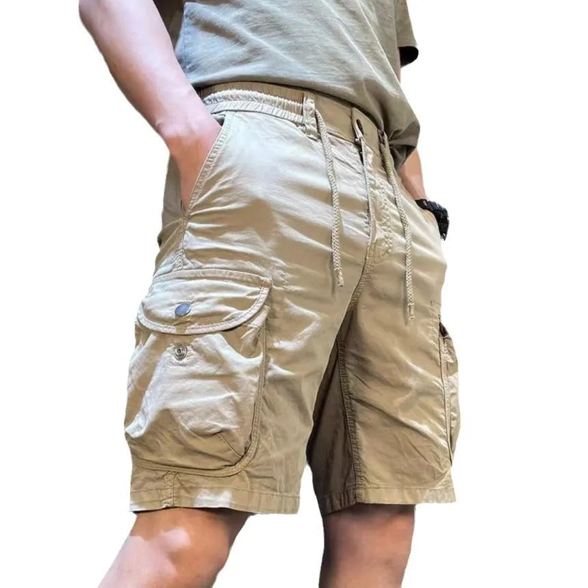 Korean-style loose straight overalls pants with multiple pockets in khaki colour