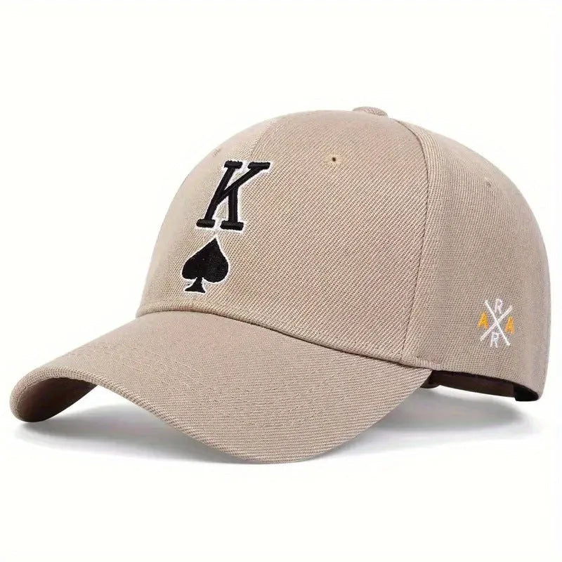 Embroidered Spade K sun hat in black with dome crown and adjustable sizing on a white background