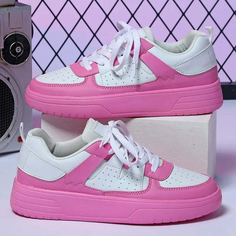 Couple platform sneakers with white upper, round toe, and EVA sole with lace-up closure.