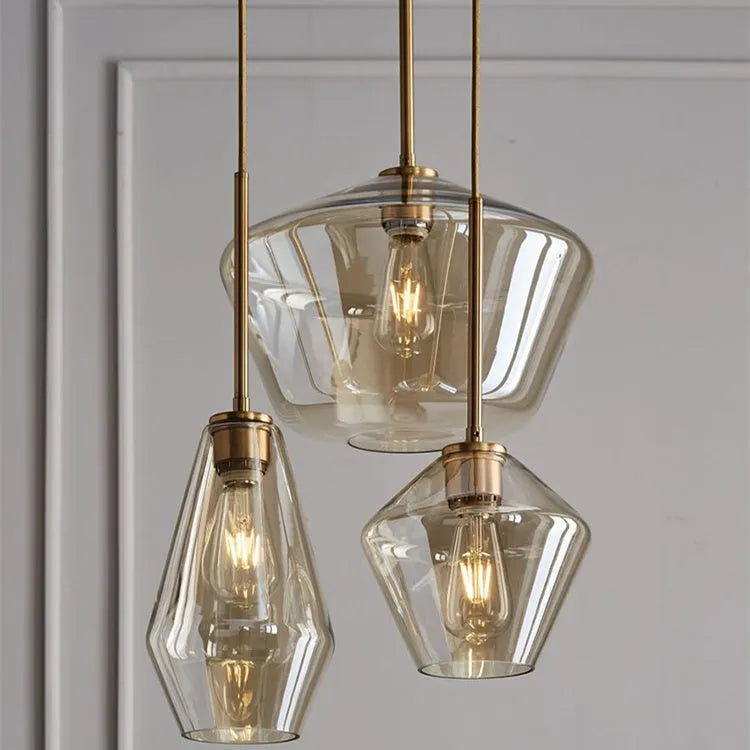 Nordic minimalist glass single head chandelier small 17cm by 28cm with cognac finish and gold hardware