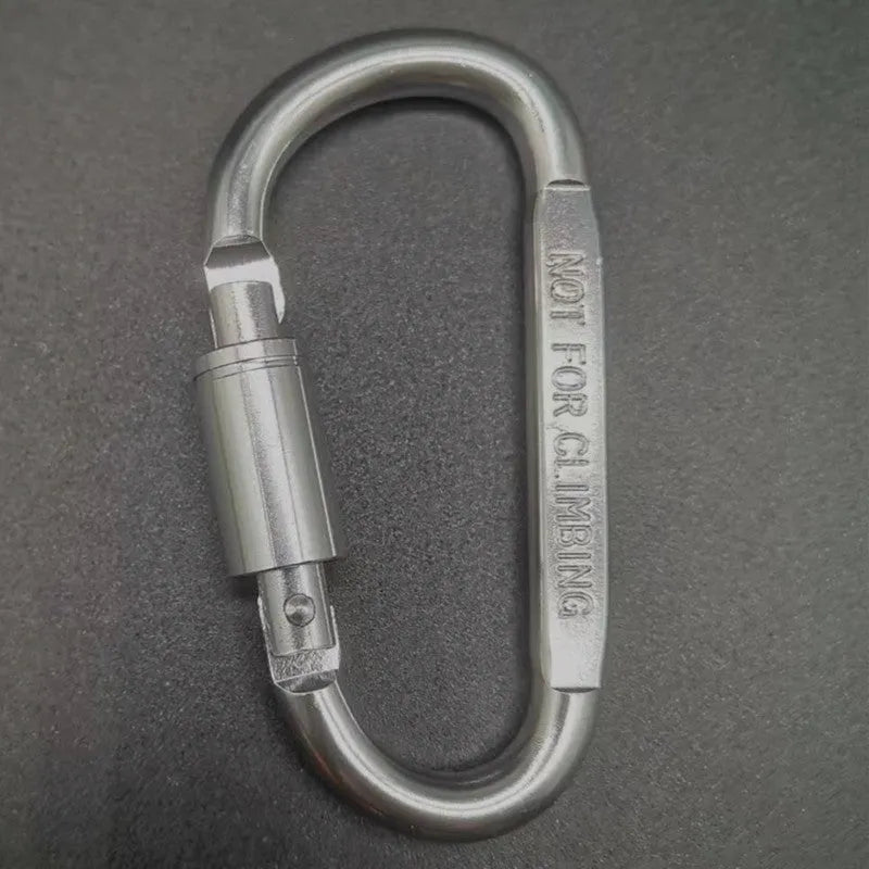 Aluminium D-shaped carabiner with lock shown in multiple colour options including black, silver, red, and blue.