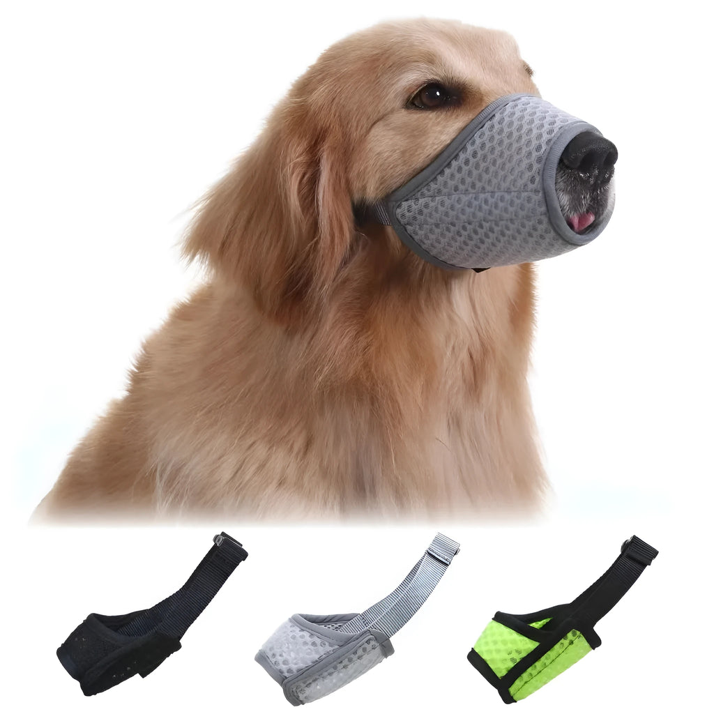 Breathable mesh dog muzzle with adjustable buckle in black, grey, or green, sizes S to XXL for biting and barking.