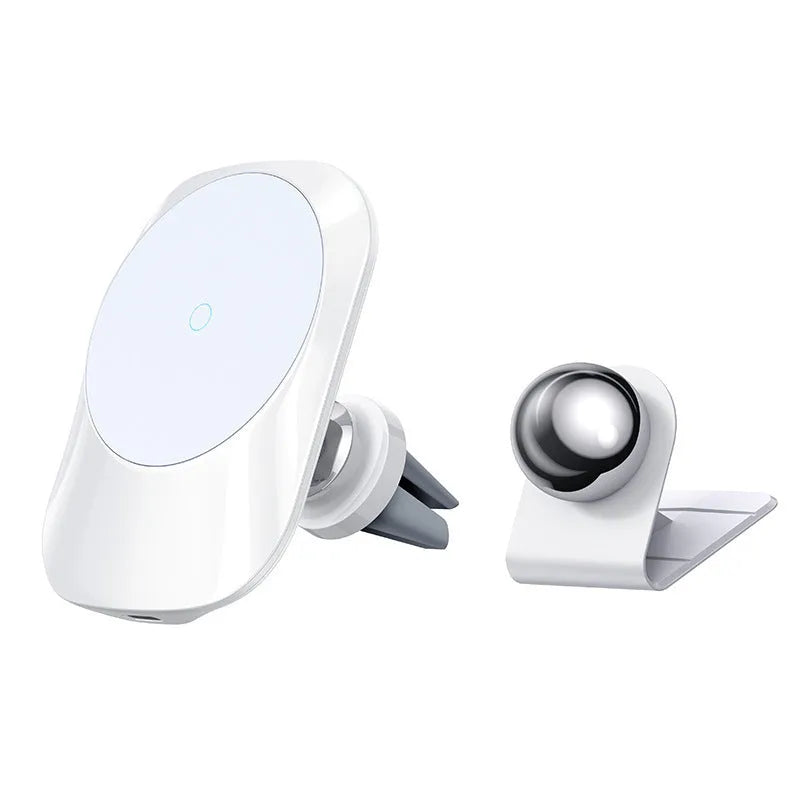 Black and white magnetic car wireless charger with phone mounted, showing air vent and dashboard mounting options
