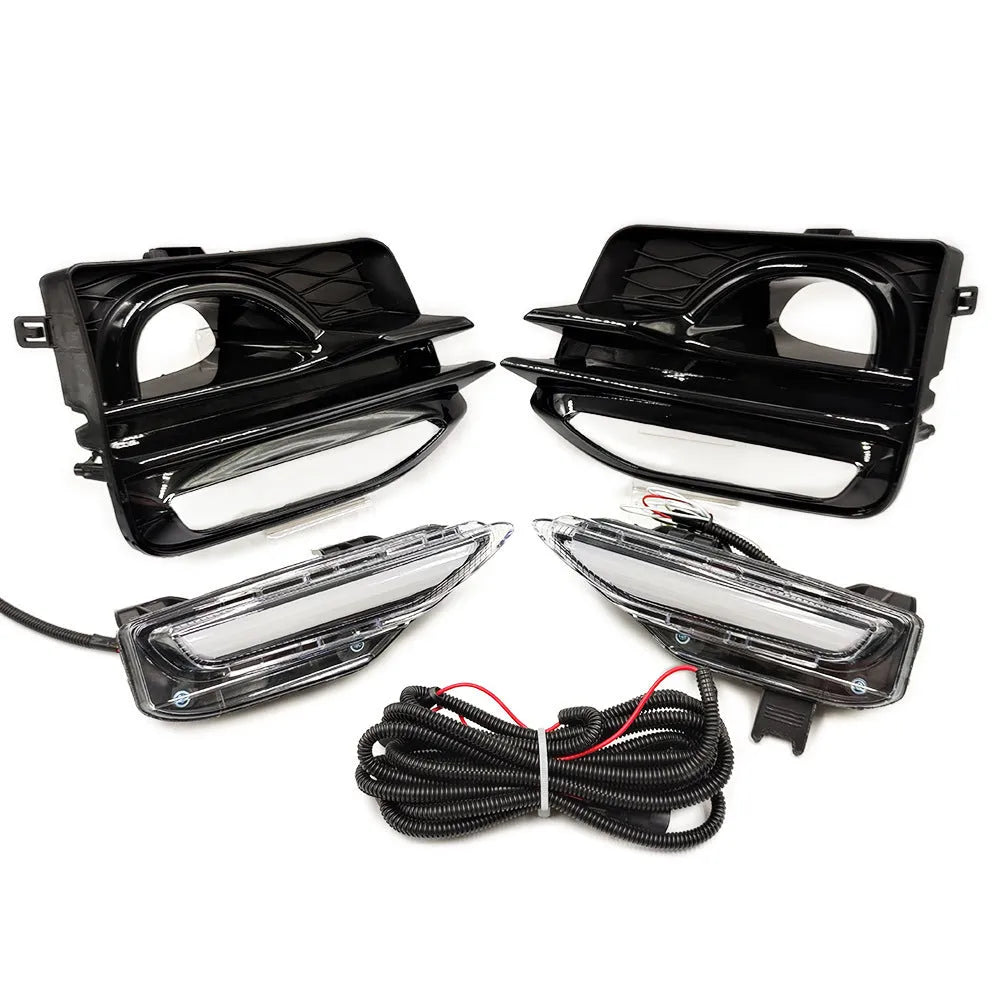 Infiniti Q50 Q70 front bumper LED daytime running light and fog lamp assembly in ABS housing