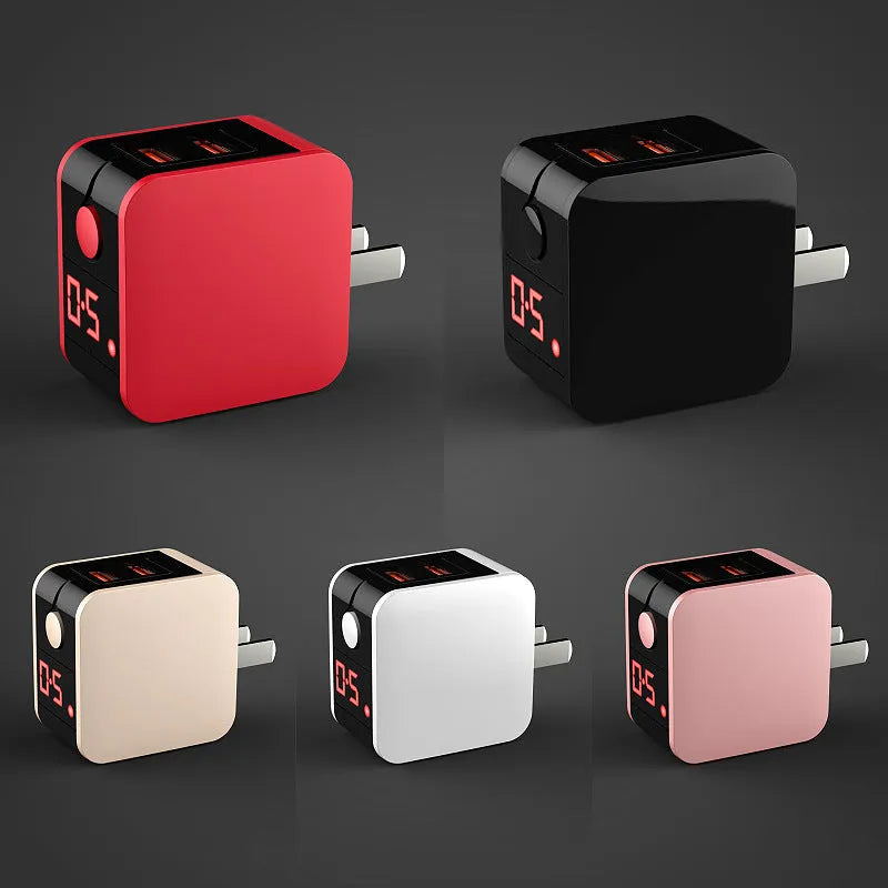Black dual USB fast travel charger with digital display showing charging status and EU standard plug.