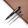 Black metal pocket rollerball pen with two 0.7mm black refills included