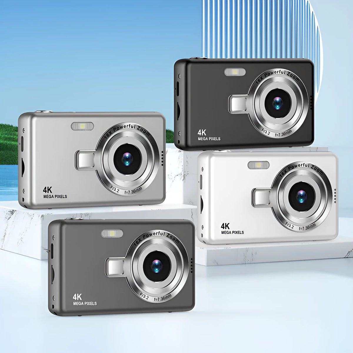 Mini digital camera for children, 80x46x45mm ABS plastic body, available in HD White, HD Black, HD Gray, and HD Silver.