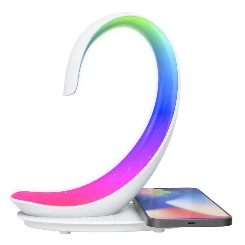 White swan-shaped desktop wireless charger Bluetooth speaker with colourful LED atmosphere lighting