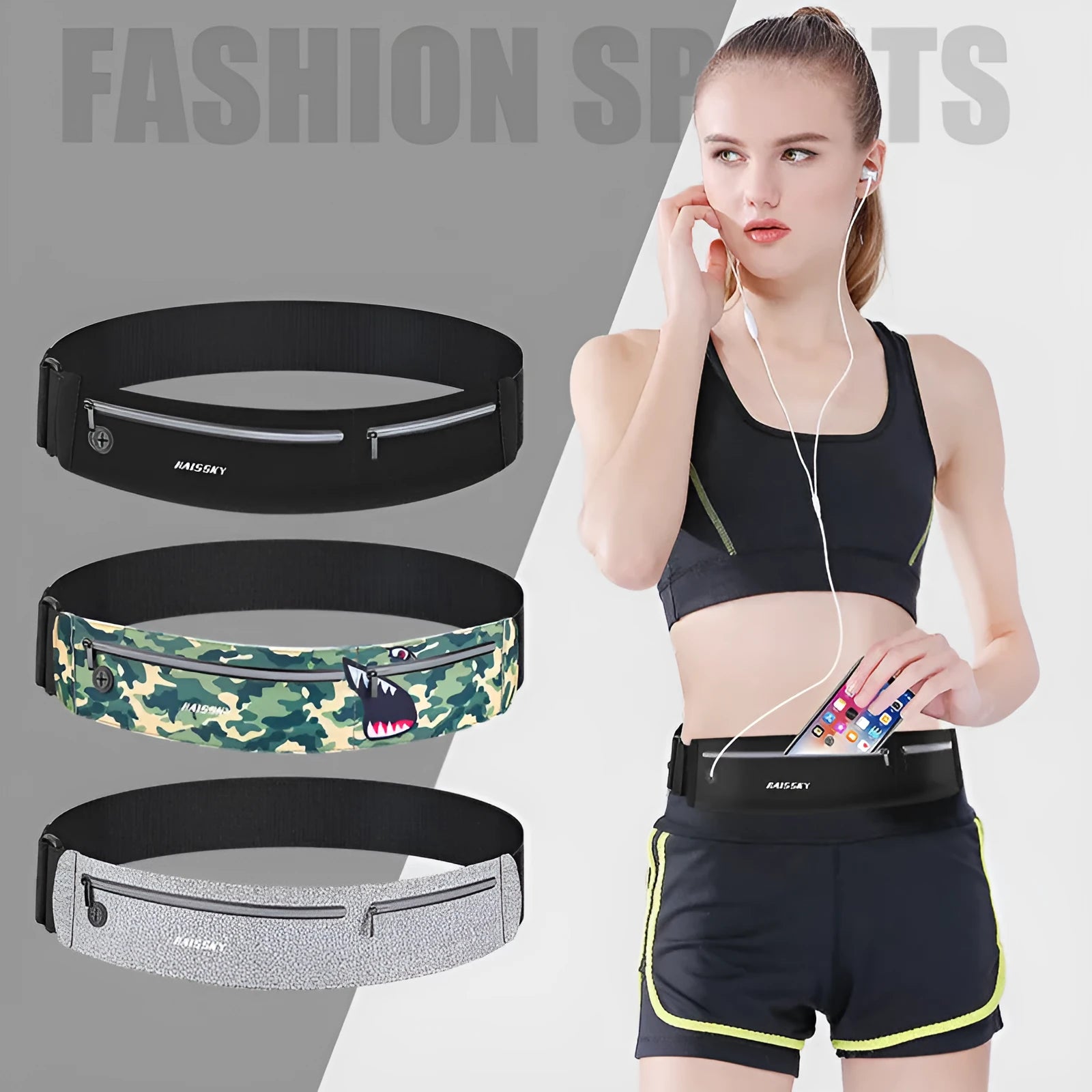 Unisex 8-inch waterproof waist bag in camouflage crocodile pattern, made from Chinlon Lycra.
