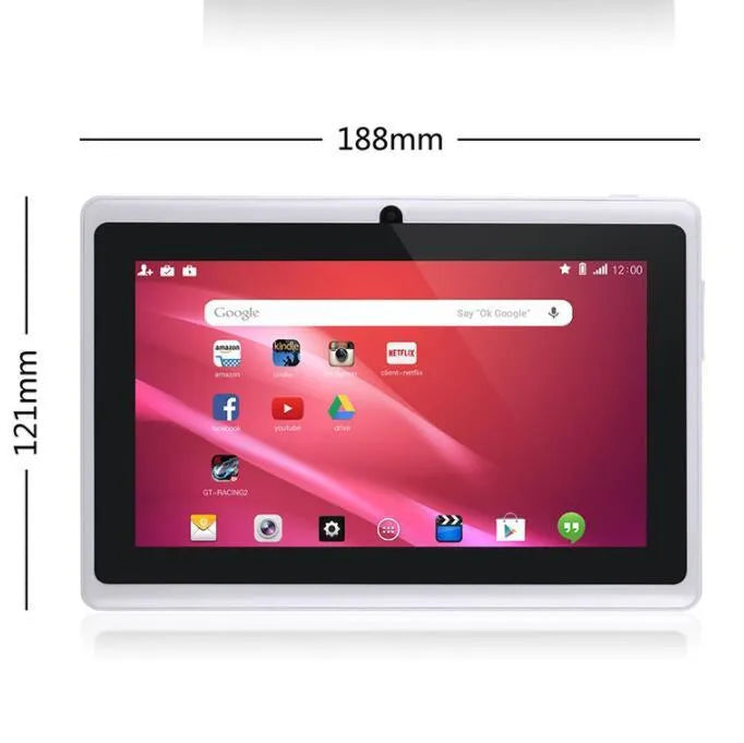 7 inch Android tablet with 8GB flash storage, quad core processor, WiFi, dual camera, plastic body, 20.0 cm x 10.0 cm x 5.0 cm
