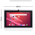 7 inch Android tablet with 8GB flash storage, quad core processor, WiFi, dual camera, plastic body, 20.0 cm x 10.0 cm x 5.0 cm