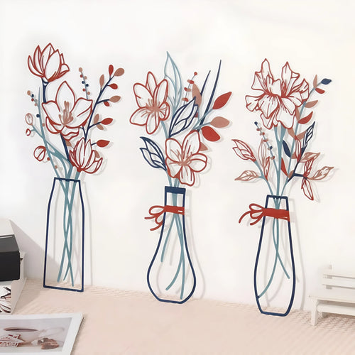 Three metal flowers wall art pieces with colour vase designs for country farmhouse bathroom decoration