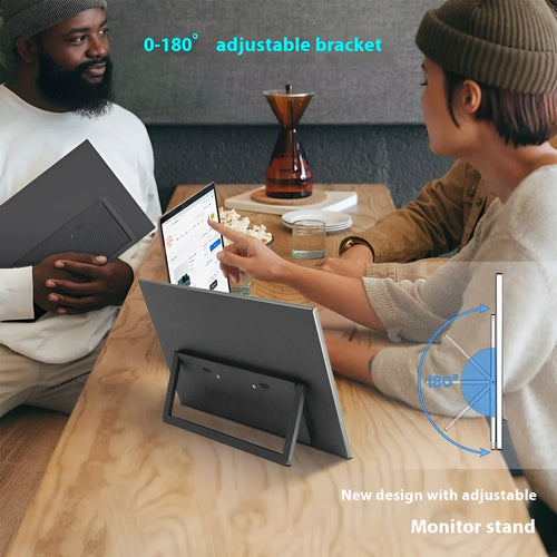 Black 15.6-inch portable computer monitor with adjustable stand on desk