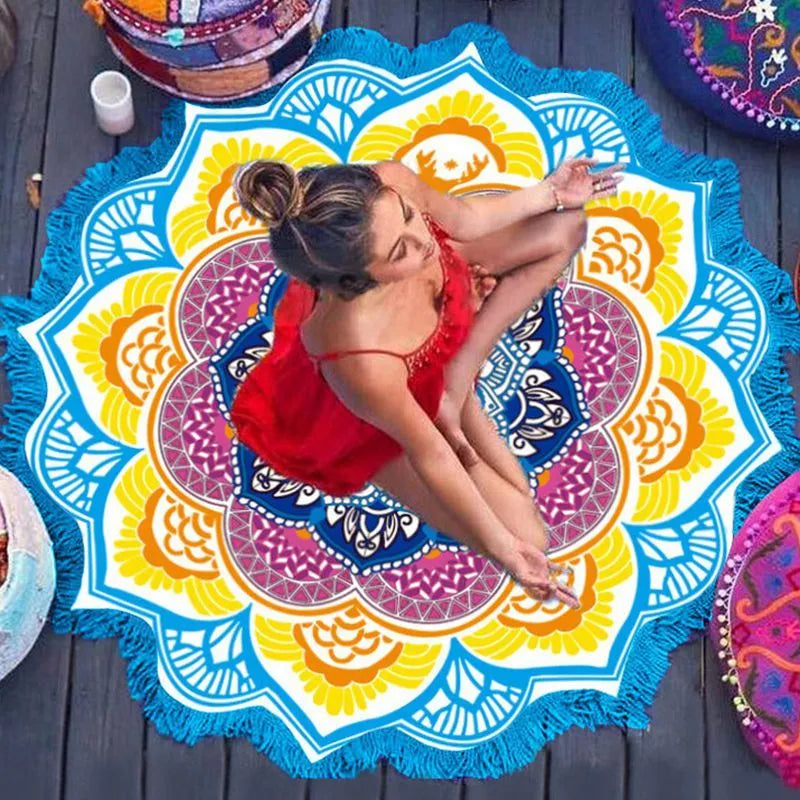 Round tassel edge yoga mat with retro ethnic print, 150cm diameter, available in Blue colour