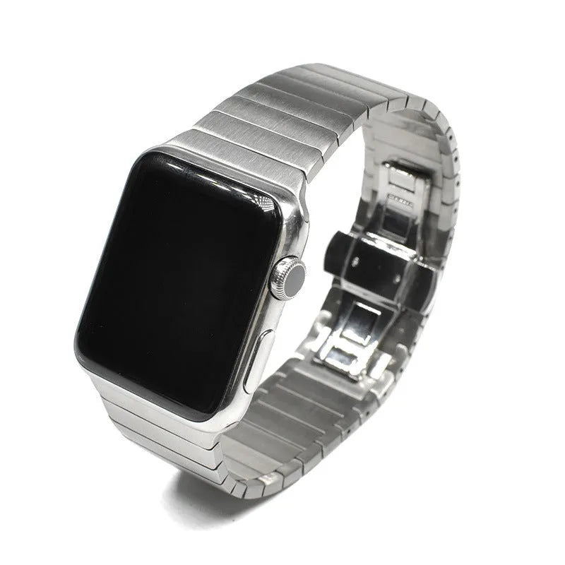 Stainless steel Apple Watch compatible band with metal chain design and butterfly buckle closure