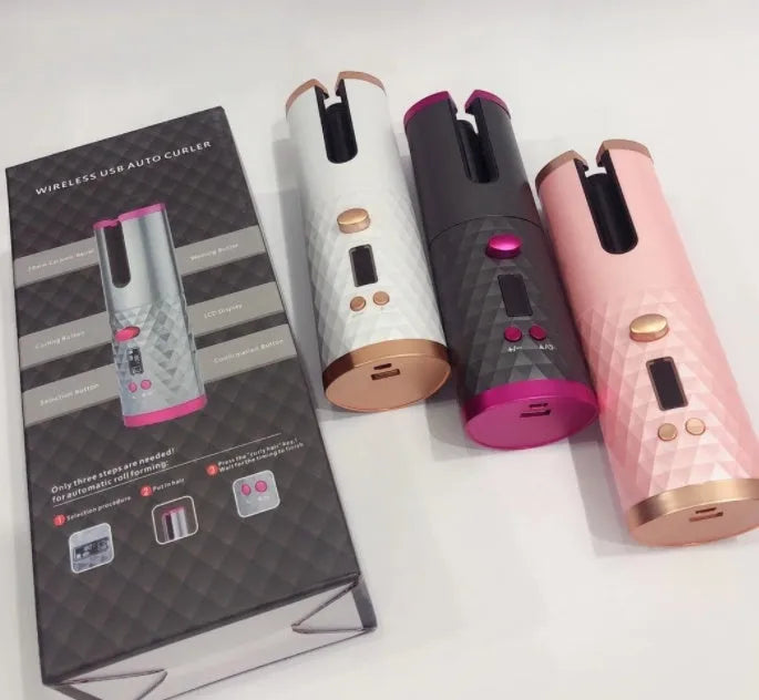 White portable USB charging mini curling iron with gold ceramic barrel and digital temperature display.