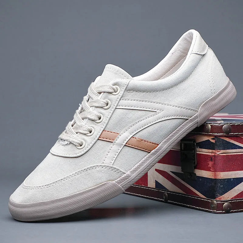 Men's breathable canvas casual shoes, low top flat heel with front lace-up, shown in solid colour options