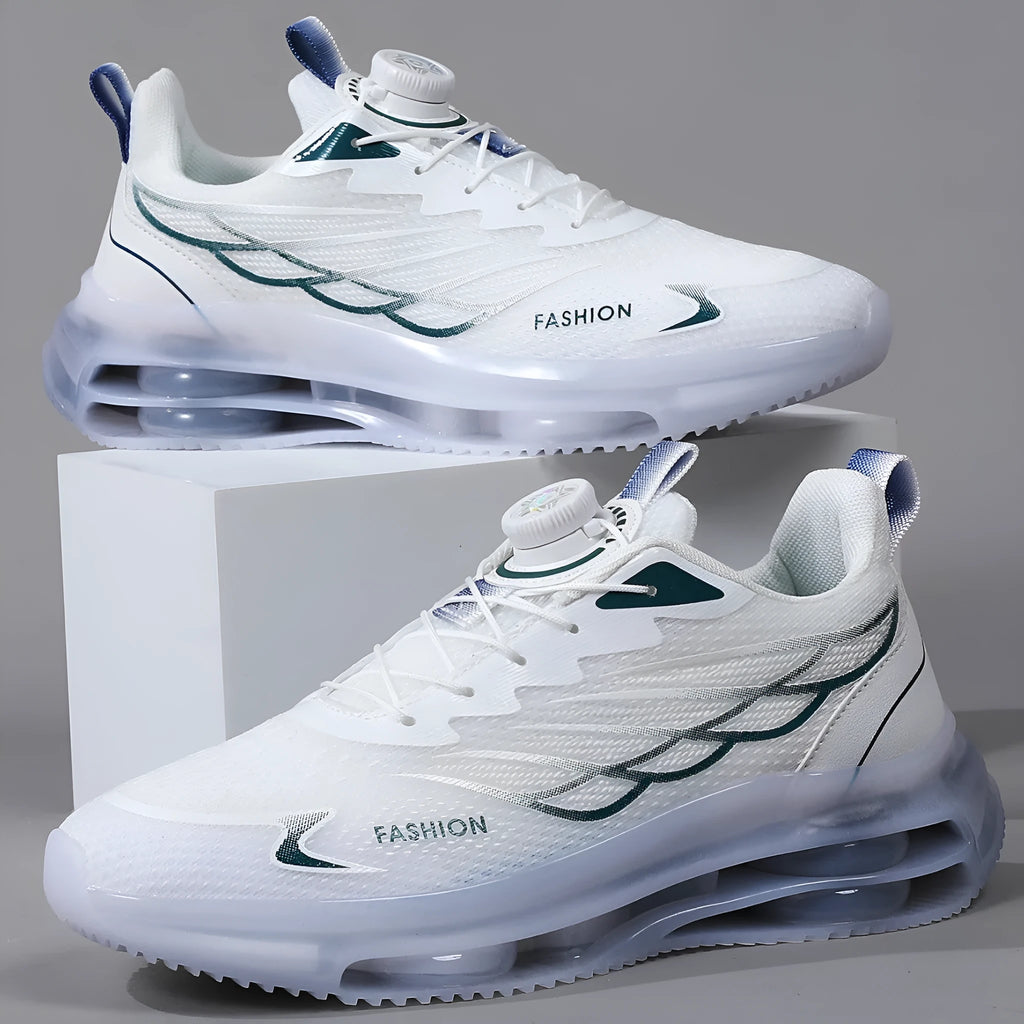 White Korean style men's casual trainers with rotating button lace-up closure and mesh upper