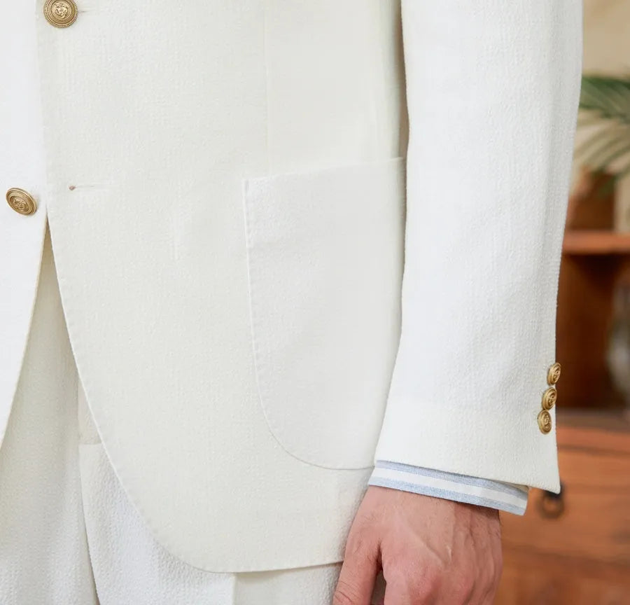 Seersucker single-breasted slim-fit suit jacket, navy blue or white, long sleeve, double rear slits, sizes M-3XL
