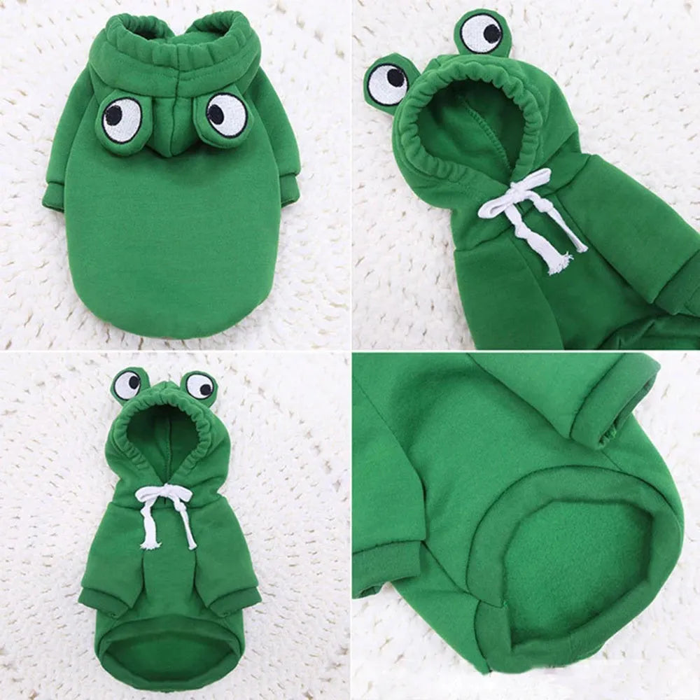 Green frog pattern hoodie costume on a small dog, showing hood and four-legs design.