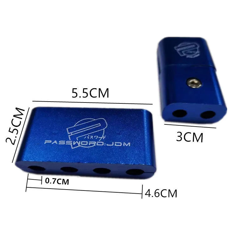 Three-piece metal car modification fastening clamp in assorted colours on a white background.