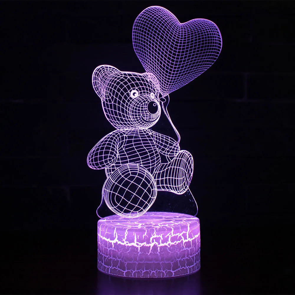 3D cute bear creative night light with colourful acrylic shade and LED source, shown as a shaped night light for home or hotel use.