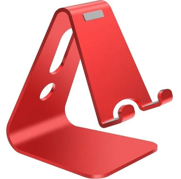 Universal aluminium alloy phone and tablet stand in black, red, rose gold, and silver colour options.