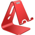 Universal aluminium alloy phone and tablet stand in black, red, rose gold, and silver colour options.