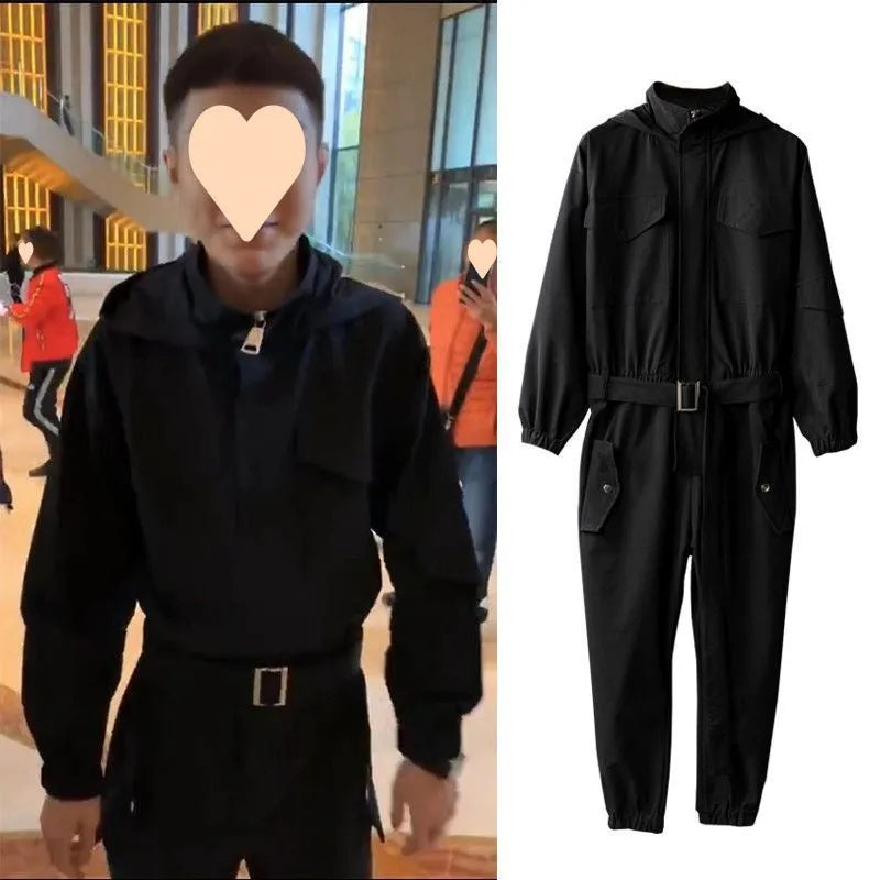 Men's workwear jumpsuit in army green with hooded top and ankle-tied legs, polyvinyl alcohol fibre fabric