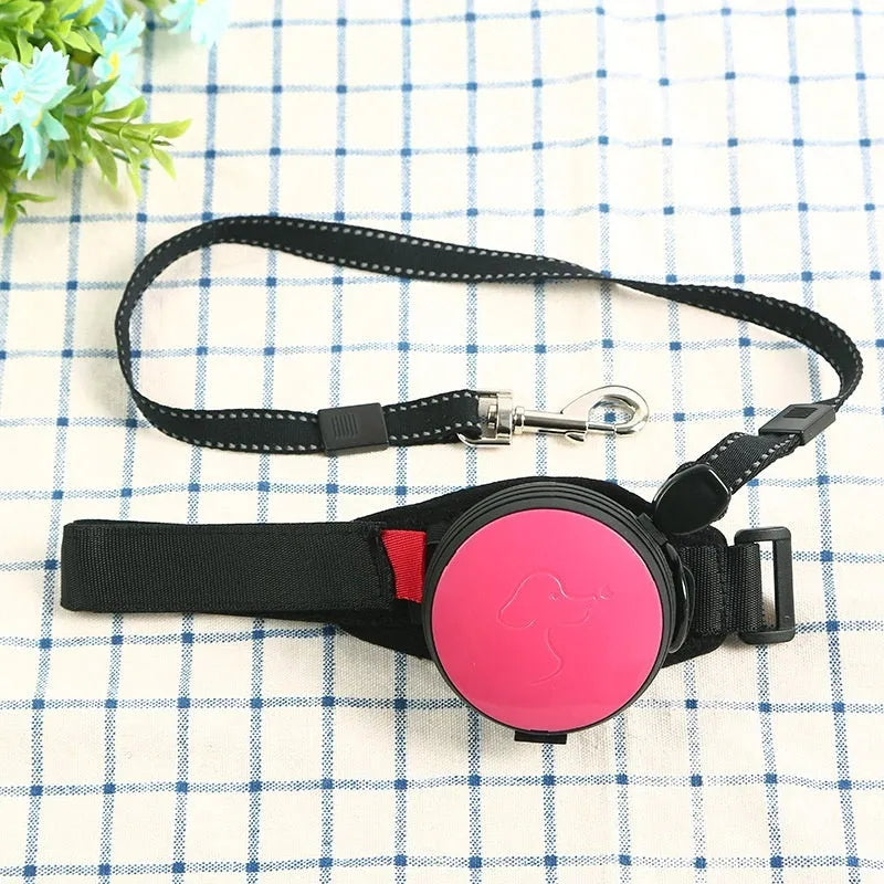 Automatic retractable dog leash showing pet holding hands design and 3 metre nylon cord