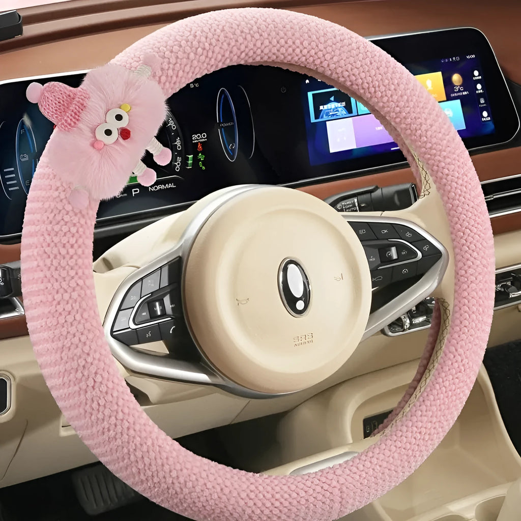 Car plush polo cartoon steering wheel cover in soft short plush material with 38cm diameter in multiple colour options