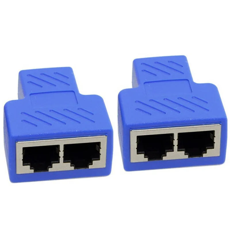 RJ45 network cable splitter adapter in five colour options showing tee configuration