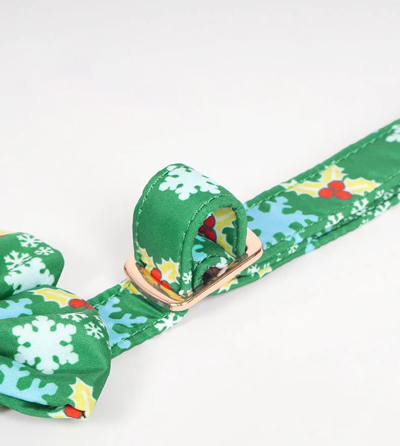 Pure cotton dog necklace with removable Christmas flower bow tie in blue, green, or red, sizes S M L.