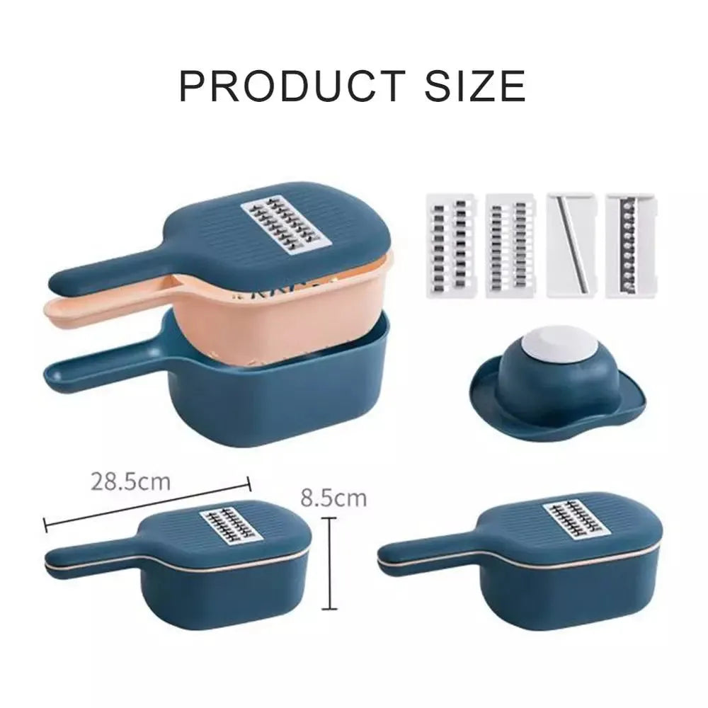 Vegetable cutter with four blades, hand protector, drain basket, bottom basin, 28.5 x 8.5cm, stainless steel and ABS