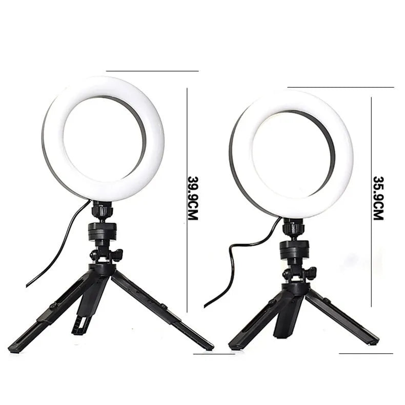 Black desktop smartphone streaming bracket with adjustable fill light on tripod mount