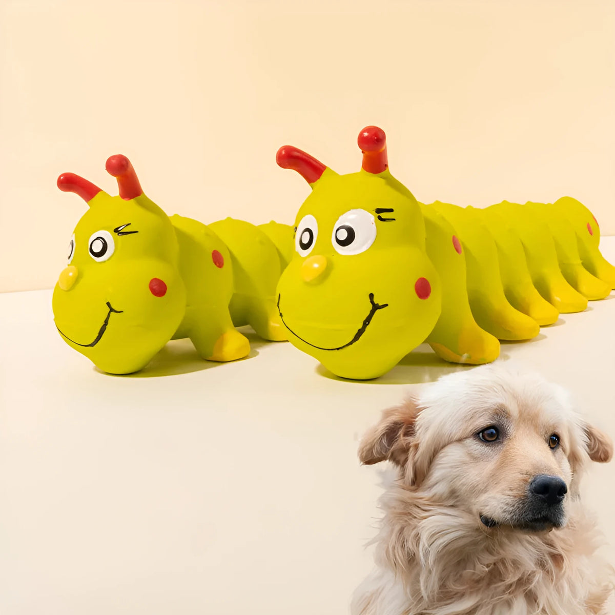 Yellow caterpillar-shaped rubber dog chew toy with squeaker for small medium dogs