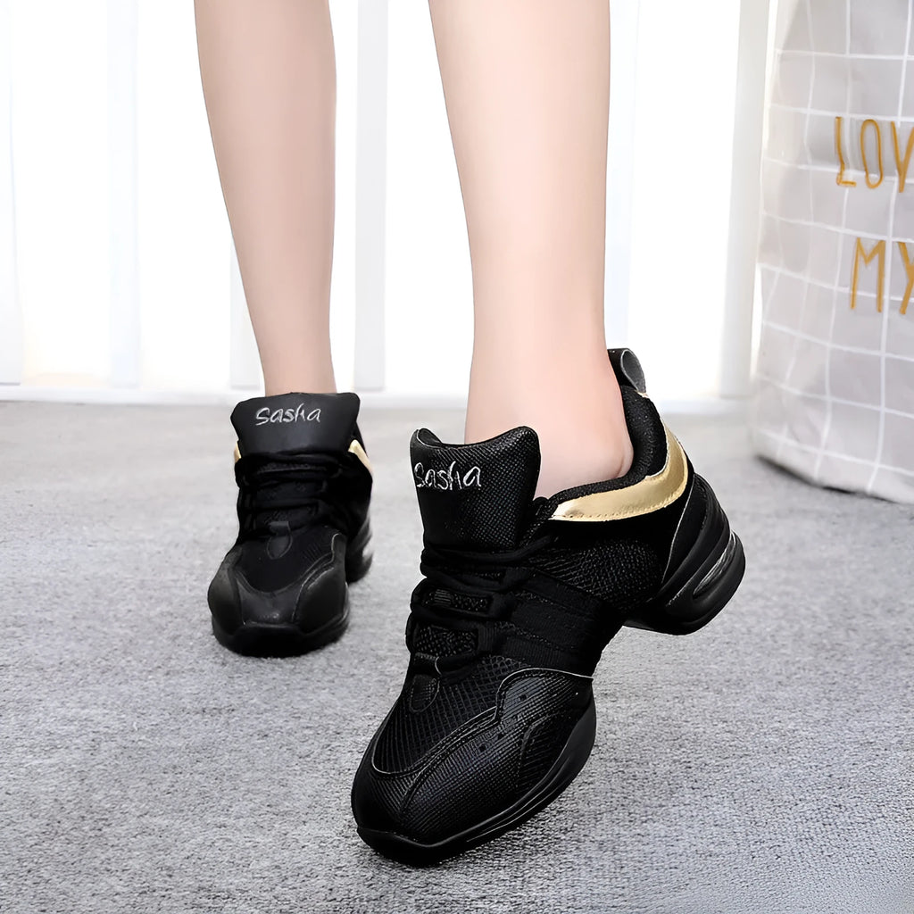 Women's jazz dance air cushion elevator shoes black gold colour cotton mesh upper side view