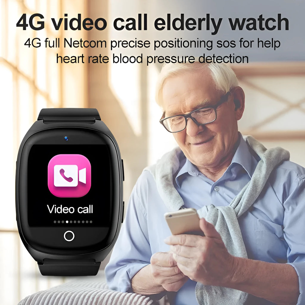 Black GPS smartwatch with touch screen showing SOS alarm and health monitoring functions