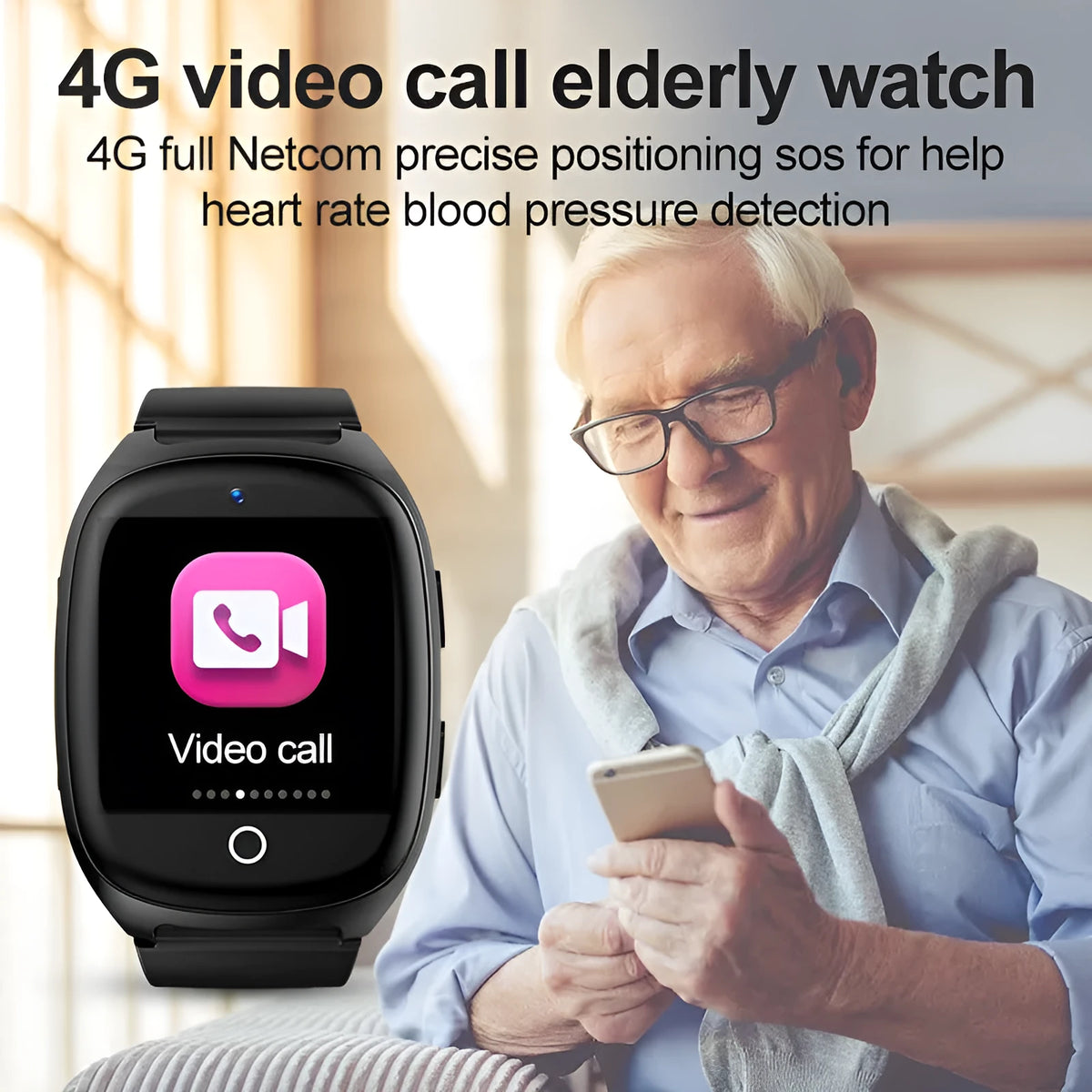 Black GPS smartwatch with touch screen showing SOS alarm and health monitoring functions