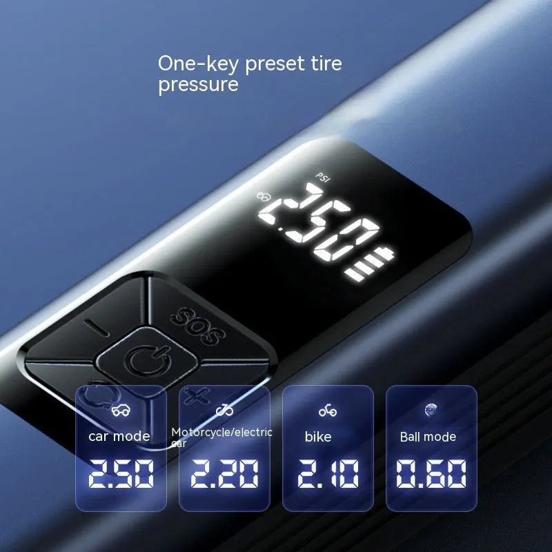 Wireless car inflator pump with digital display, vacuum cleaner attachment and emergency lighting functions