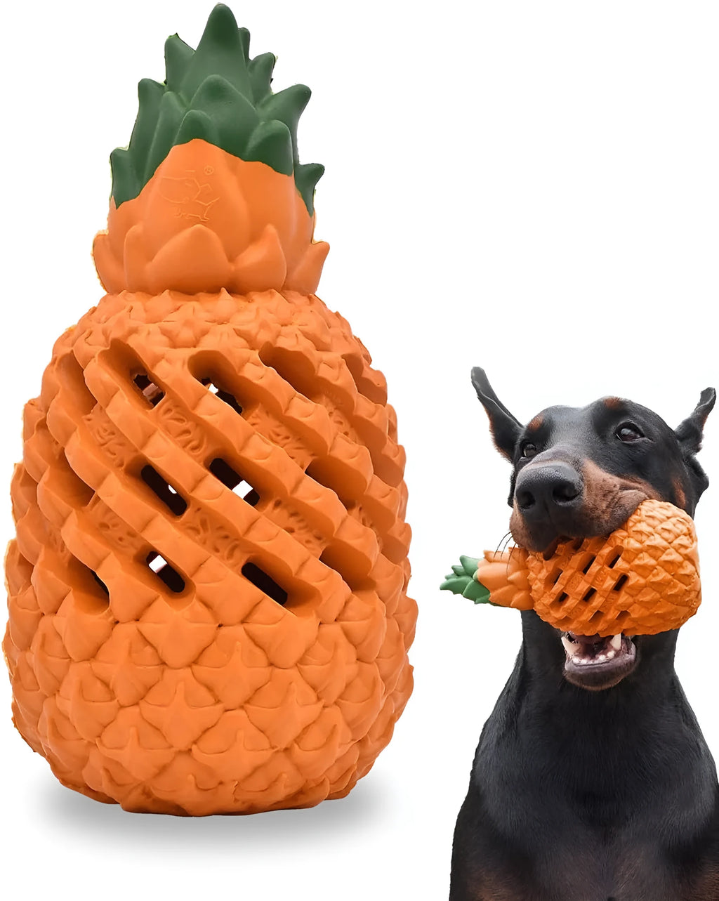 Pineapple-shaped natural rubber dog chew toy for aggressive chewers, available in multiple sizes