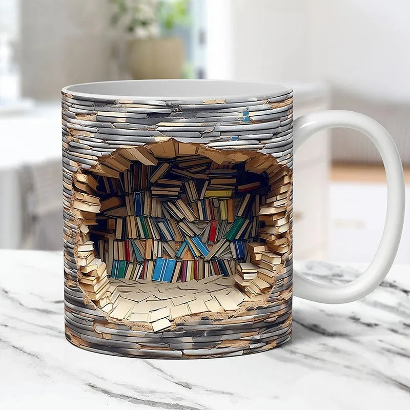 3D bookshelf ceramic mug with handle featuring library shelf design, 350ml capacity, 9.8x8cm size