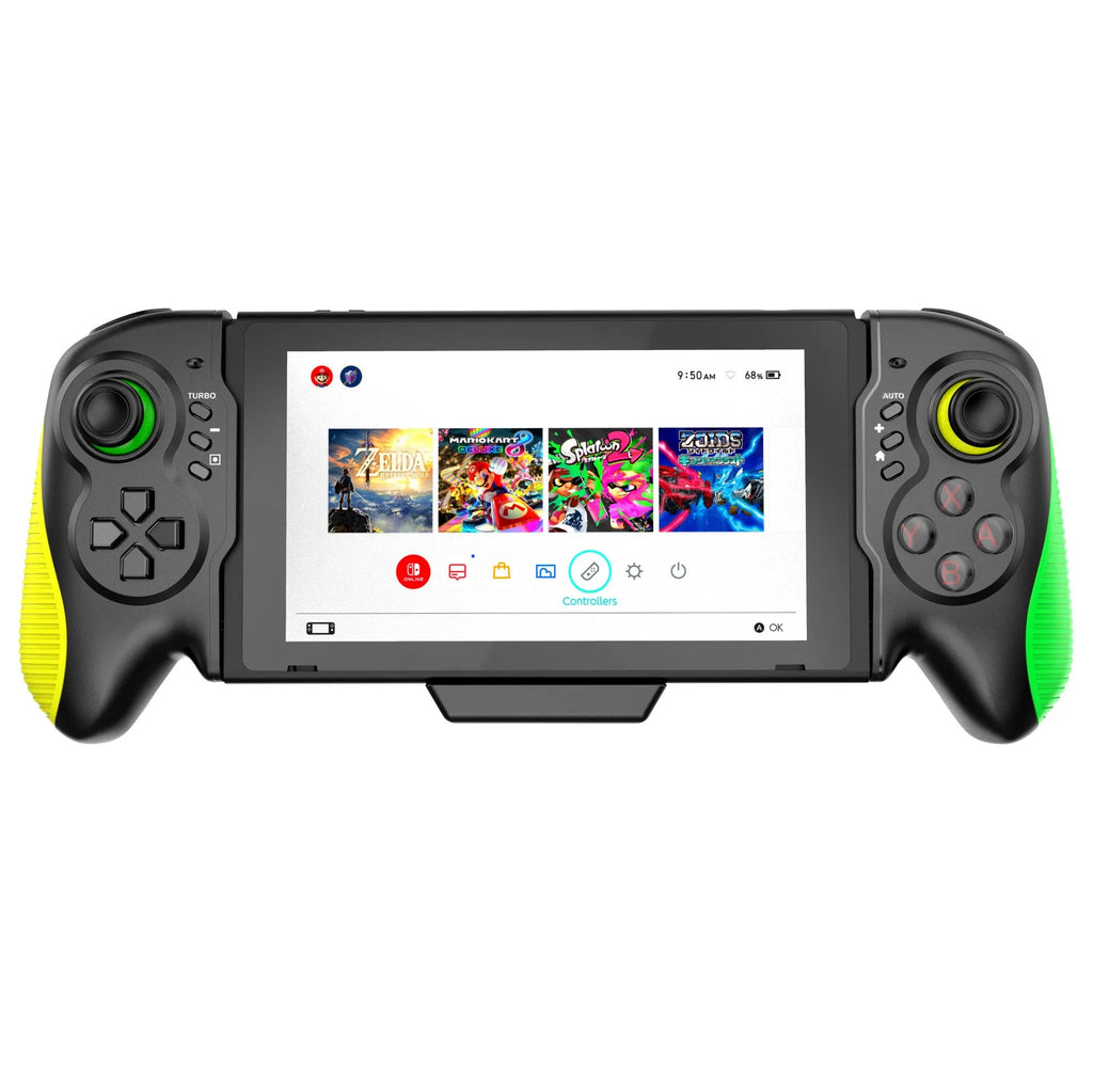 Yellow-green game controller with in-line handle design and somatosensory burst function