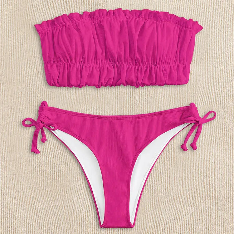 Women's solid-colour polyester bikini set with chest pad and no steel support, sizes S M L, six colours