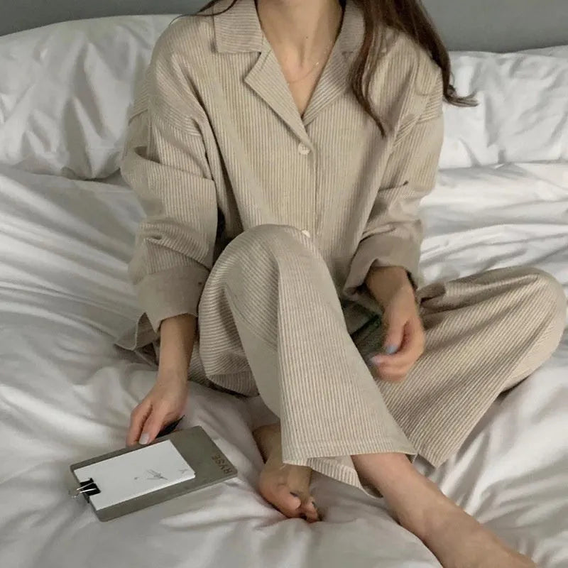 Women's striped long sleeve casual lounge suit set with top and trousers