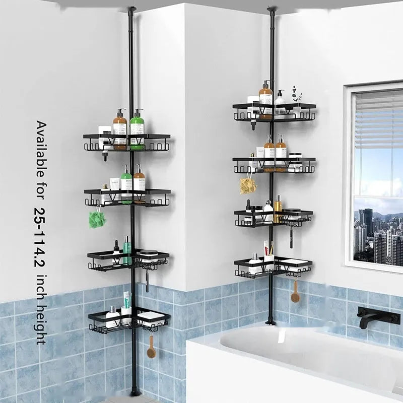 4 layer retractable stainless steel bathroom storage rack with hole-free installation