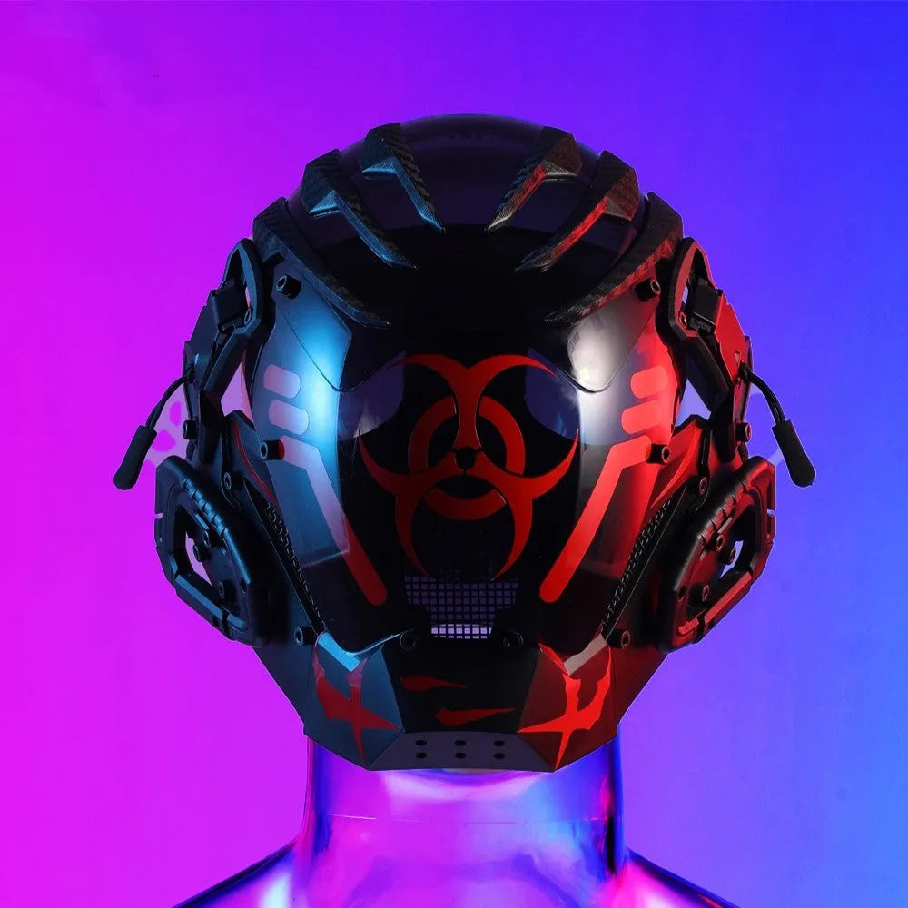 Black full face helmet prop mask with cyberpunk Bioweapon design for costume use